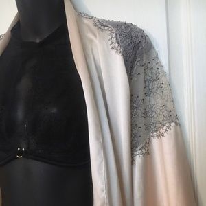 Ivory satin & black lace kimono with belt